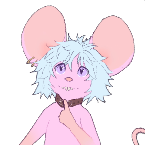 A drawing of the mouse. It's looking at the viewer with heart eyes and a happy expression. It has light blue hair, big ears, and pinkish fur. It's wearing a leather collar and tugging on it with its finger.